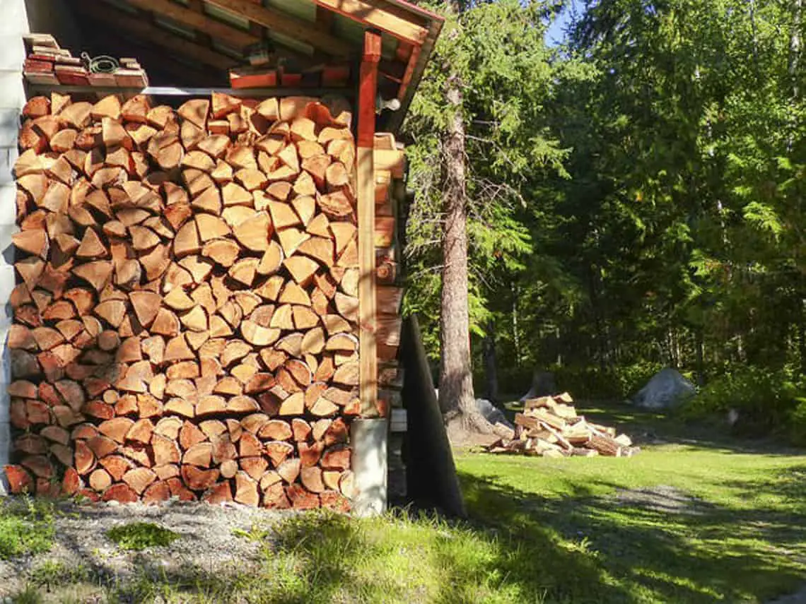 stacked firewood in a wood shed